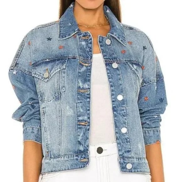 NWT Blank NYC Star Embroidered Drop Shoulder Denim Trucker Jacket Size S - Picture 1 of 16